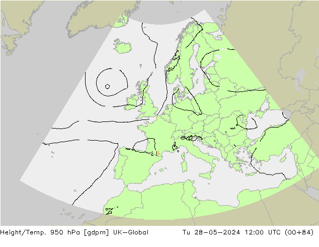 Height/Temp. 950 гПа UK-Global вт 28.05.2024 12 UTC