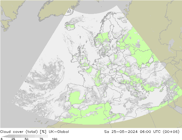 Bewolking (Totaal) UK-Global za 25.05.2024 06 UTC