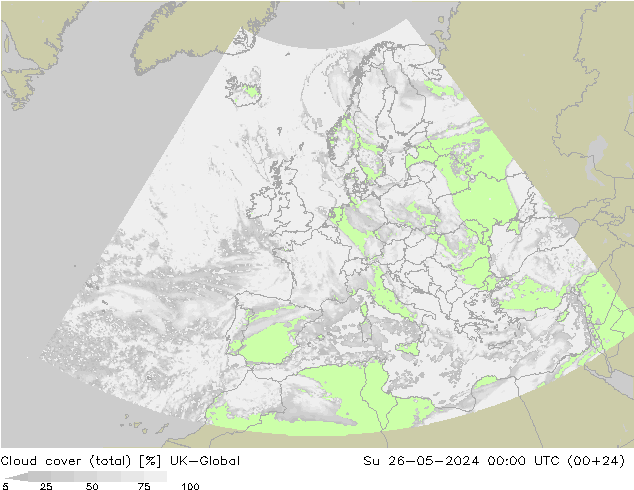 Cloud cover (total) UK-Global Su 26.05.2024 00 UTC