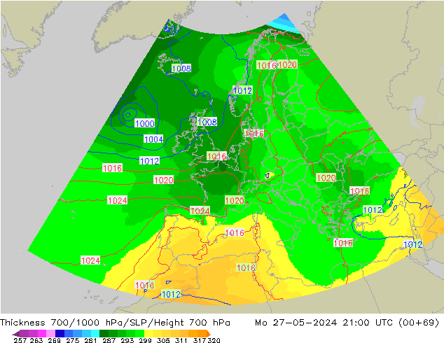 Thck 700-1000 hPa UK-Global Mo 27.05.2024 21 UTC