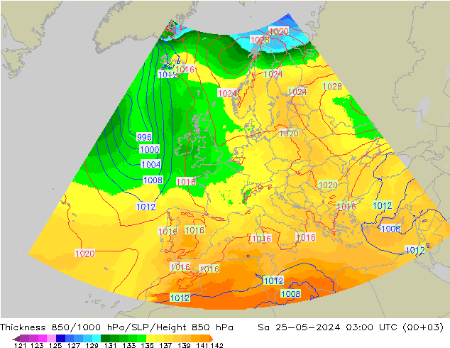 Espesor 850-1000 hPa UK-Global sáb 25.05.2024 03 UTC