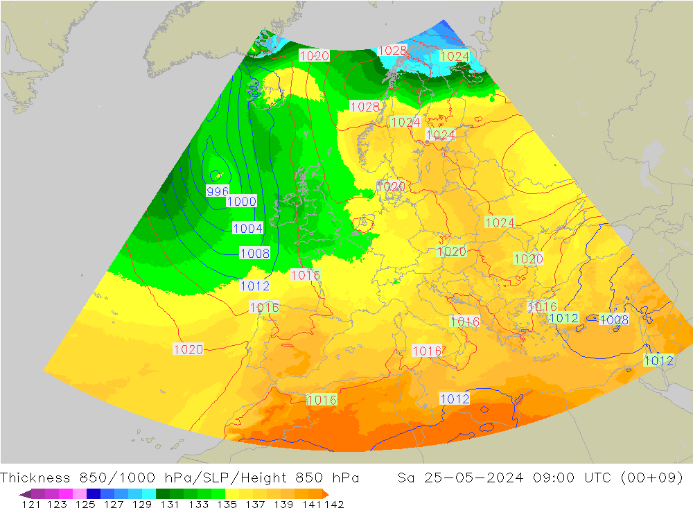 Thck 850-1000 hPa UK-Global Sa 25.05.2024 09 UTC