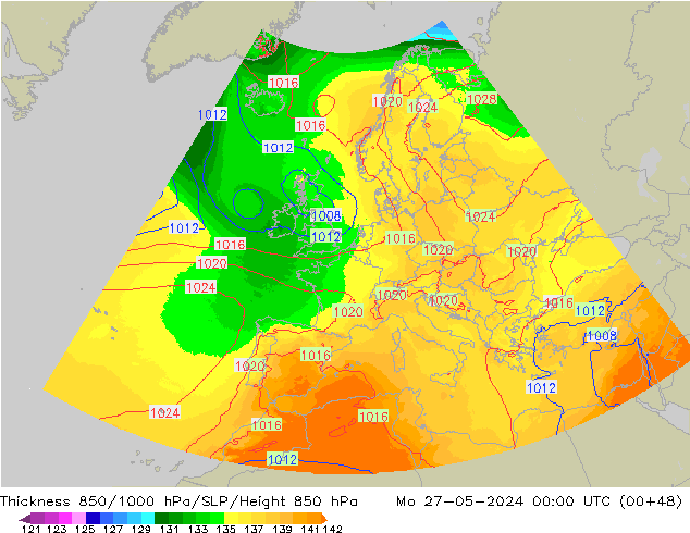 Thck 850-1000 hPa UK-Global  27.05.2024 00 UTC