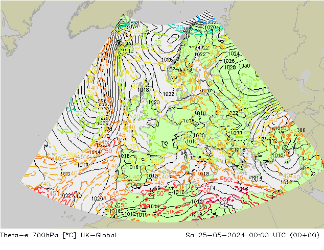 Theta-e 700hPa UK-Global sab 25.05.2024 00 UTC
