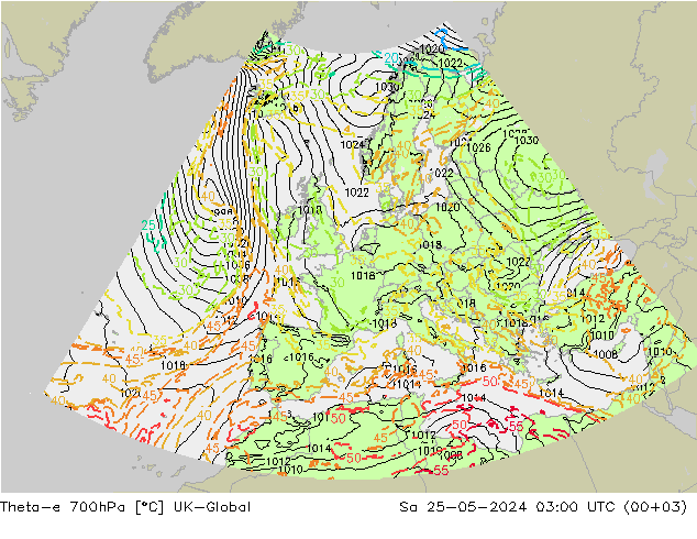 Theta-e 700hPa UK-Global So 25.05.2024 03 UTC
