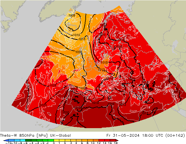 Theta-W 850hPa UK-Global Fr 31.05.2024 18 UTC