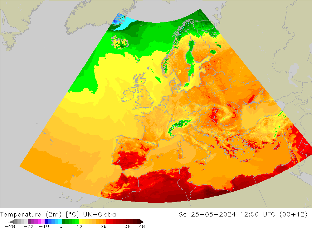 Temperatura (2m) UK-Global Sáb 25.05.2024 12 UTC