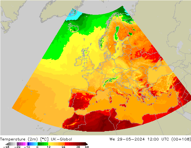 mapa temperatury (2m) UK-Global śro. 29.05.2024 12 UTC