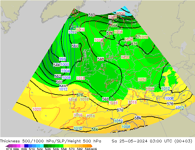 Thck 500-1000hPa UK-Global 星期六 25.05.2024 03 UTC