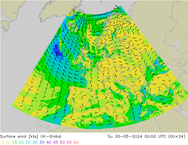 Surface wind UK-Global Su 26.05.2024 00 UTC