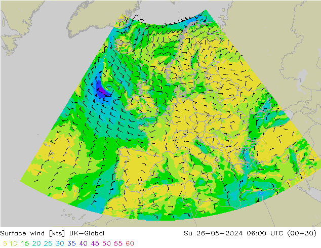 Surface wind UK-Global Su 26.05.2024 06 UTC