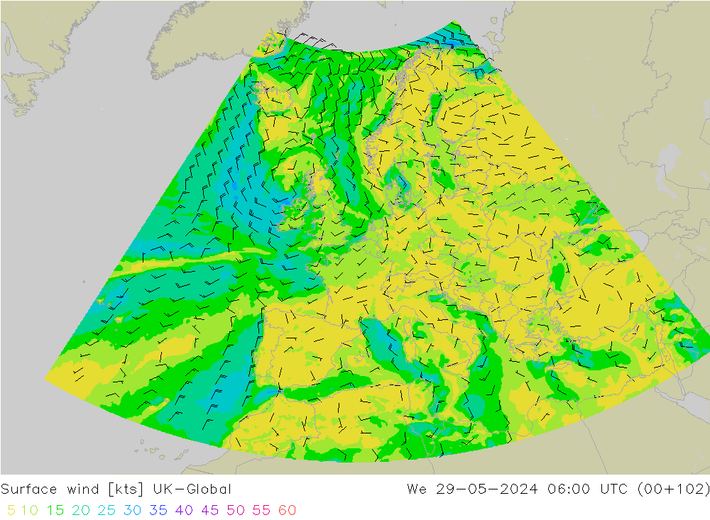 Surface wind UK-Global We 29.05.2024 06 UTC