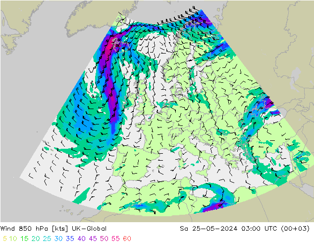 Wind 850 hPa UK-Global So 25.05.2024 03 UTC