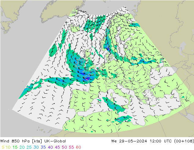 Wind 850 hPa UK-Global St 29.05.2024 12 UTC