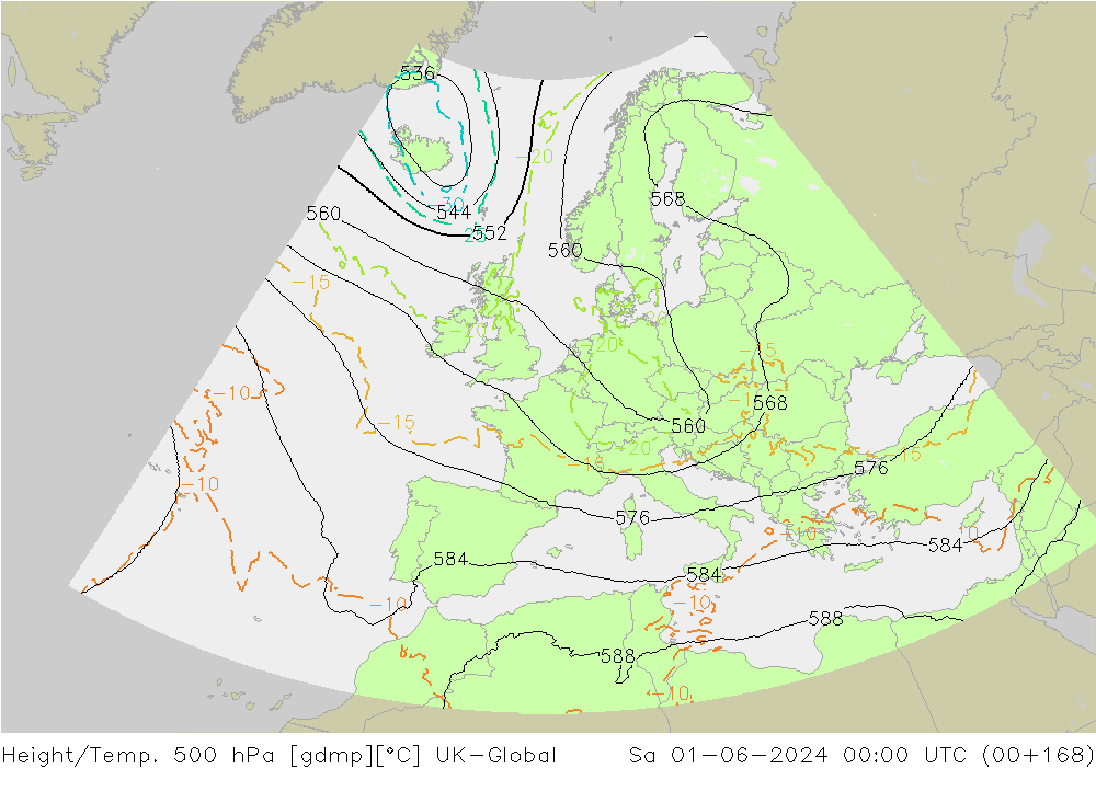 Height/Temp. 500 hPa UK-Global Sa 01.06.2024 00 UTC