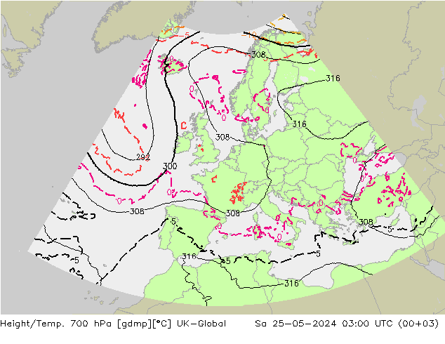 Height/Temp. 700 hPa UK-Global Sáb 25.05.2024 03 UTC