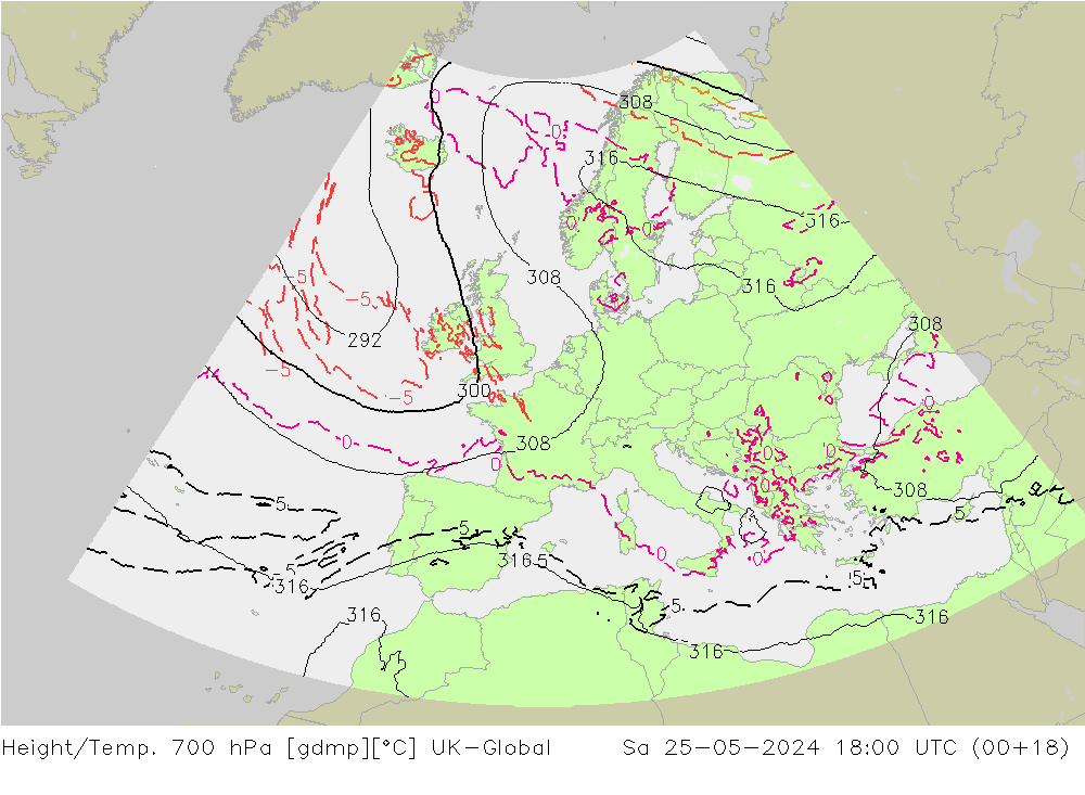 Height/Temp. 700 hPa UK-Global so. 25.05.2024 18 UTC