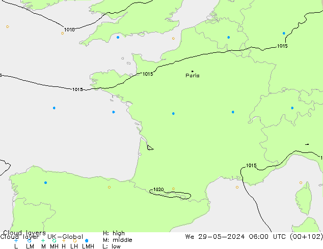 Cloud layer UK-Global mié 29.05.2024 06 UTC