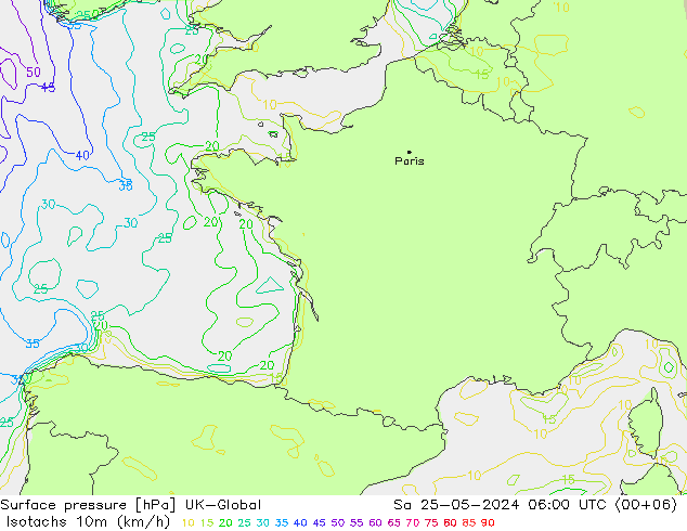 Isotachen (km/h) UK-Global za 25.05.2024 06 UTC