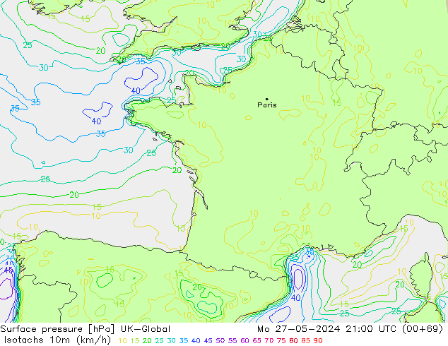 Isotachs (kph) UK-Global lun 27.05.2024 21 UTC