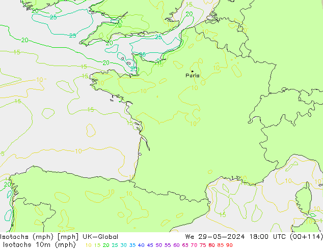 Isotachen (mph) UK-Global wo 29.05.2024 18 UTC