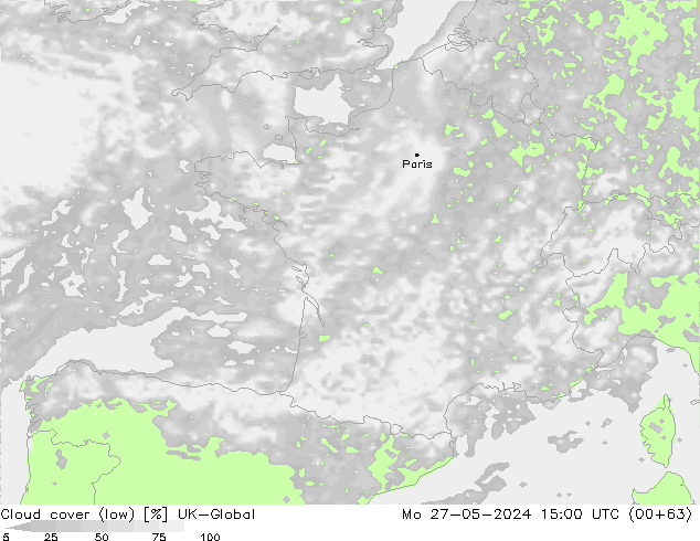 Cloud cover (low) UK-Global Mo 27.05.2024 15 UTC