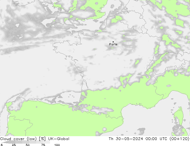 Cloud cover (low) UK-Global Th 30.05.2024 00 UTC