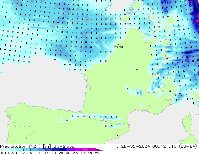 Precipitation (12h) UK-Global Tu 28.05.2024 12 UTC