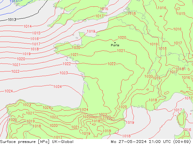 Pressione al suolo UK-Global lun 27.05.2024 21 UTC