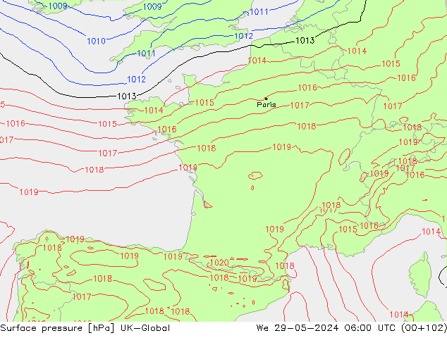 Presión superficial UK-Global mié 29.05.2024 06 UTC