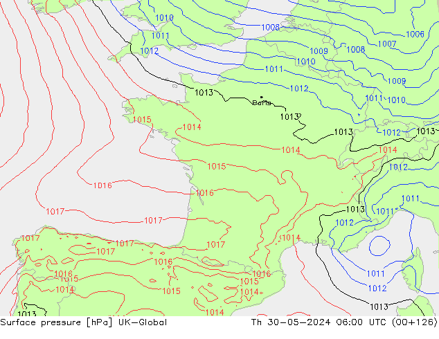 Presión superficial UK-Global jue 30.05.2024 06 UTC