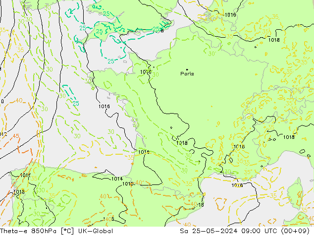 Theta-e 850hPa UK-Global So 25.05.2024 09 UTC