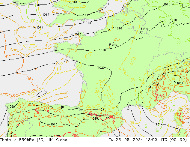 Theta-e 850гПа UK-Global вт 28.05.2024 18 UTC