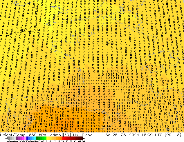 Hoogte/Temp. 850 hPa UK-Global za 25.05.2024 18 UTC