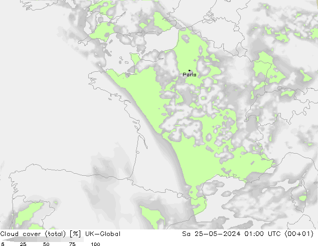 Bewolking (Totaal) UK-Global za 25.05.2024 01 UTC