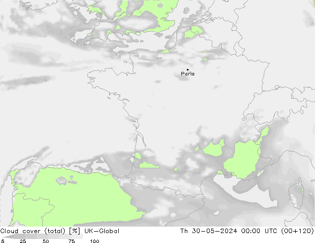 Cloud cover (total) UK-Global Th 30.05.2024 00 UTC