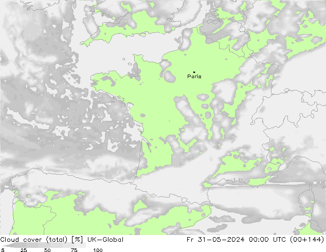 Bewolking (Totaal) UK-Global vr 31.05.2024 00 UTC