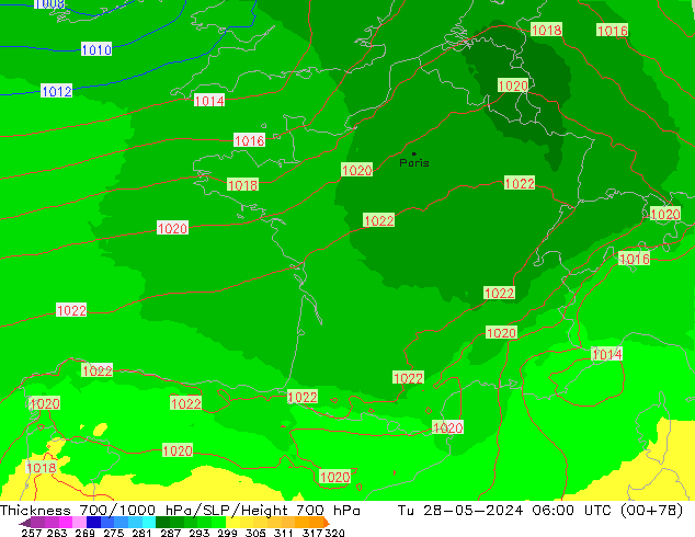 Thck 700-1000 hPa UK-Global  28.05.2024 06 UTC