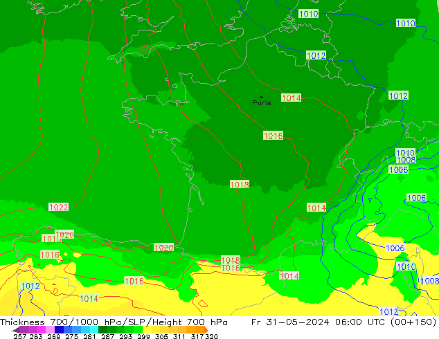 700-1000 hPa Kalınlığı UK-Global Cu 31.05.2024 06 UTC