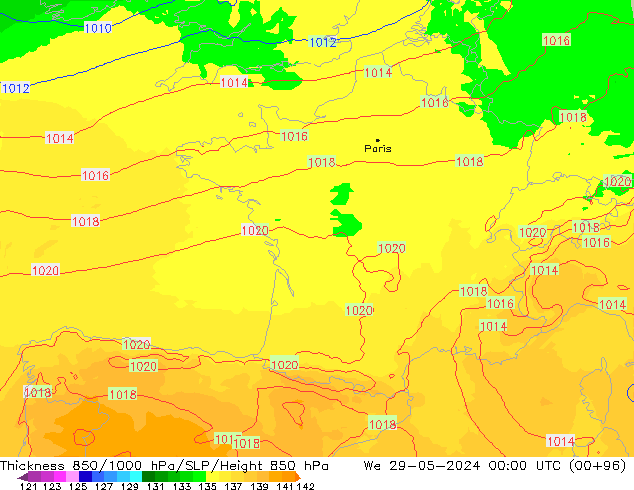 850-1000 hPa Kalınlığı UK-Global Çar 29.05.2024 00 UTC