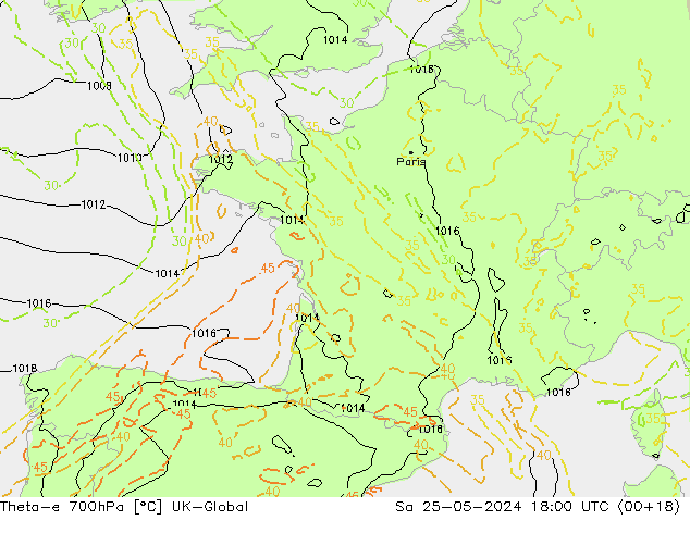 Theta-e 700hPa UK-Global Cts 25.05.2024 18 UTC