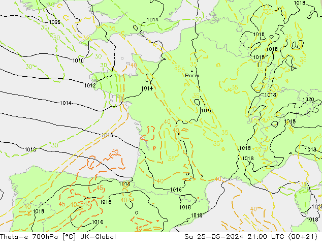 Theta-e 700гПа UK-Global сб 25.05.2024 21 UTC