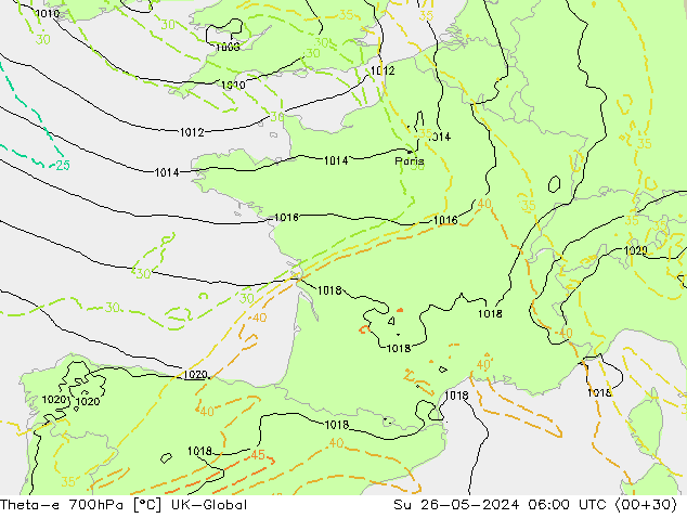 Theta-e 700hPa UK-Global  26.05.2024 06 UTC