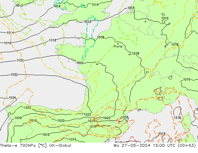 Theta-e 700hPa UK-Global Mo 27.05.2024 15 UTC