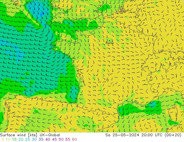 wiatr 10 m UK-Global so. 25.05.2024 20 UTC