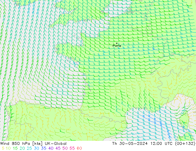 Wind 850 hPa UK-Global Th 30.05.2024 12 UTC