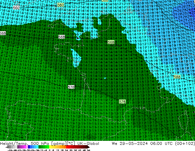 Height/Temp. 500 hPa UK-Global mer 29.05.2024 06 UTC