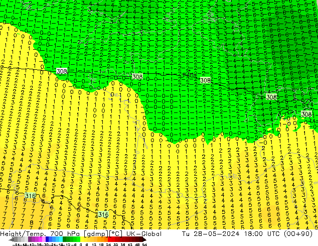 Height/Temp. 700 hPa UK-Global mar 28.05.2024 18 UTC