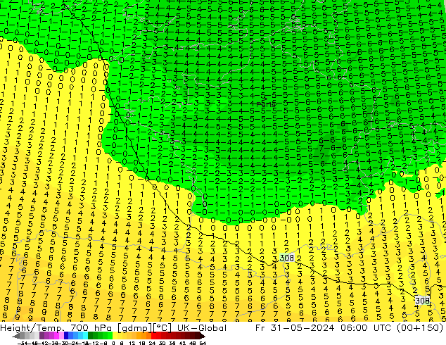 Height/Temp. 700 гПа UK-Global пт 31.05.2024 06 UTC