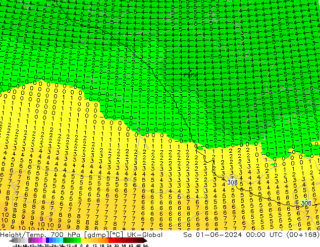 Height/Temp. 700 hPa UK-Global Sa 01.06.2024 00 UTC